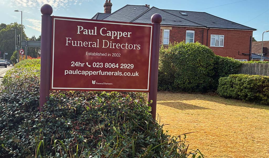 The outside signage of Paul Capper Funeral Directors Eastleigh branch.